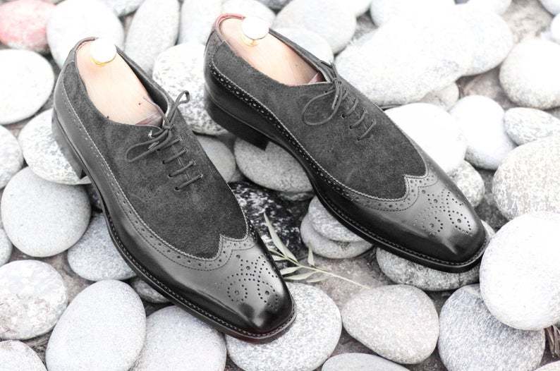 Handmade Men Black Leather Suede Wing Tip Brogue Shoes, Men Dress Lace Up Shoes