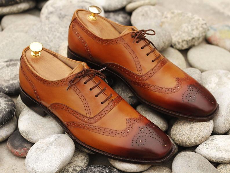 Handmade Men's Tan Brown Leather Wing Tip Lace Up Shoes