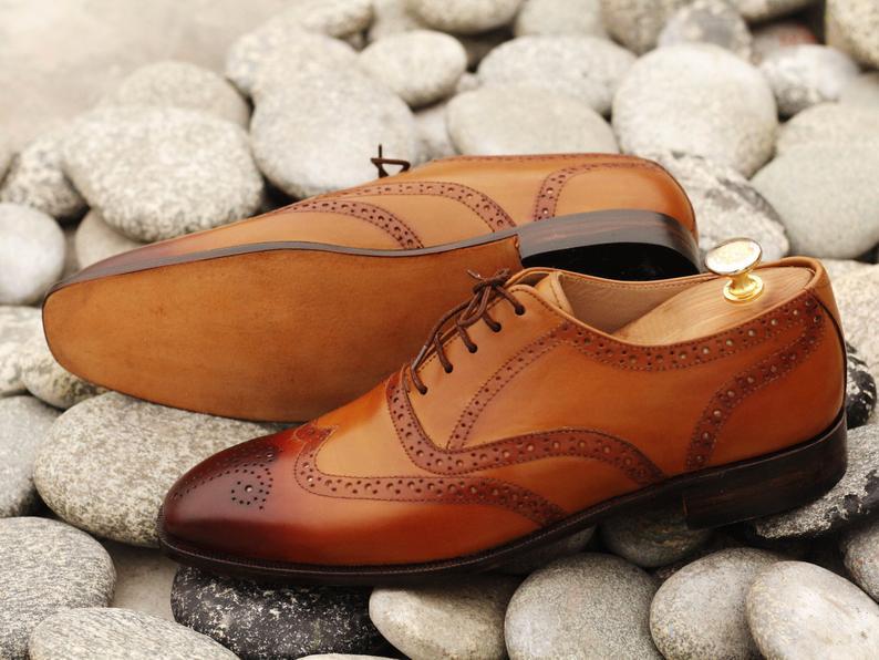 Handmade Men's Tan Brown Leather Wing Tip Lace Up Shoes