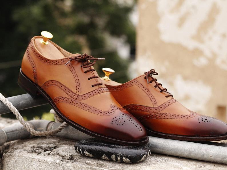 Handmade Men's Tan Brown Leather Wing Tip Lace Up Shoes