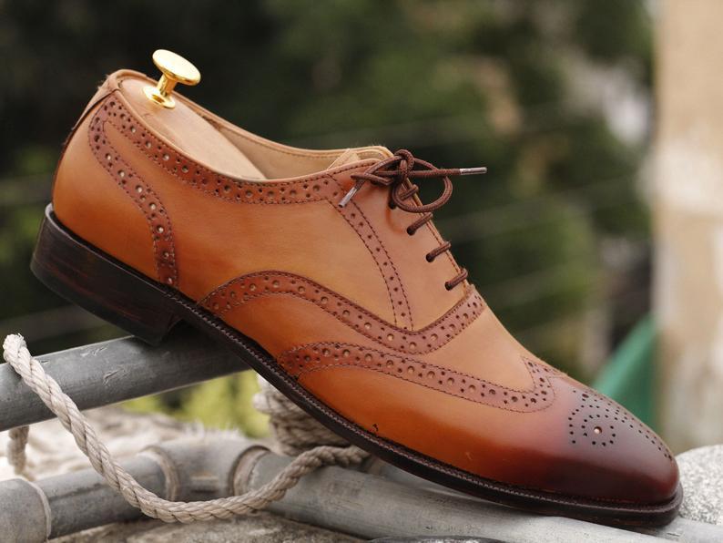 Handmade Men's Tan Brown Leather Wing Tip Lace Up Shoes