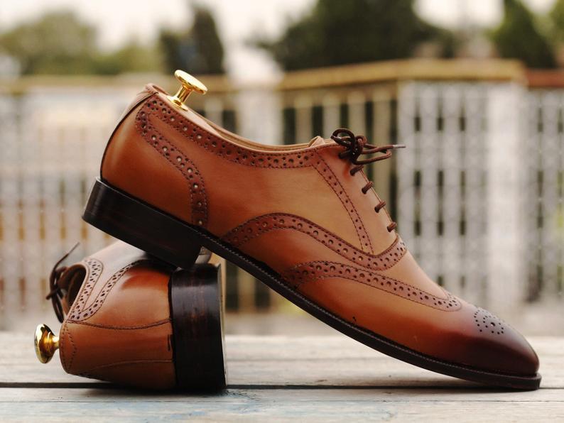 Handmade Men's Tan Brown Leather Wing Tip Lace Up Shoes