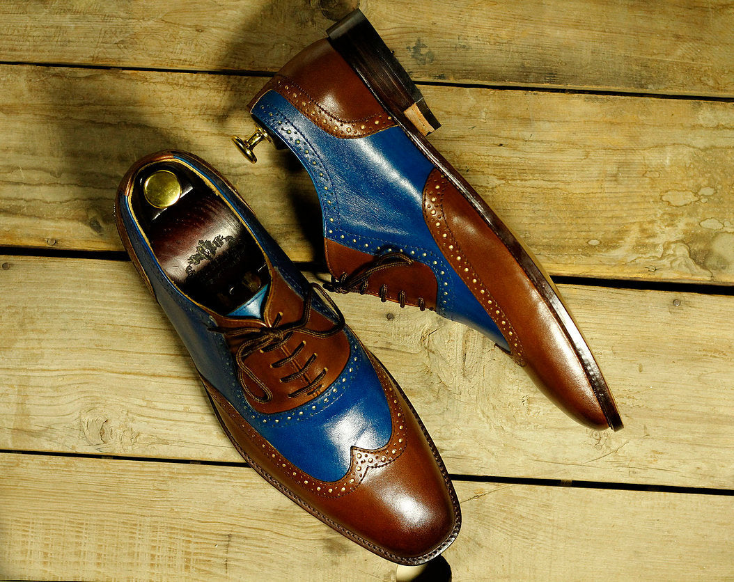 Handmade Men Blue Brown Leather Wing Tip Lace Up Shoes