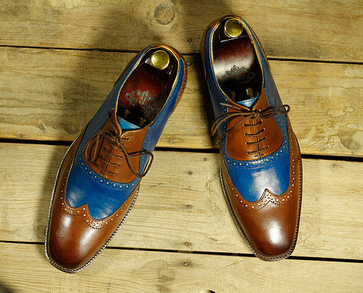 Handmade Men Blue Brown Leather Wing Tip Lace Up Shoes