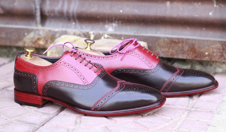 Handmade Men's Red Brown Leather Wing Tip Brogue Shoes