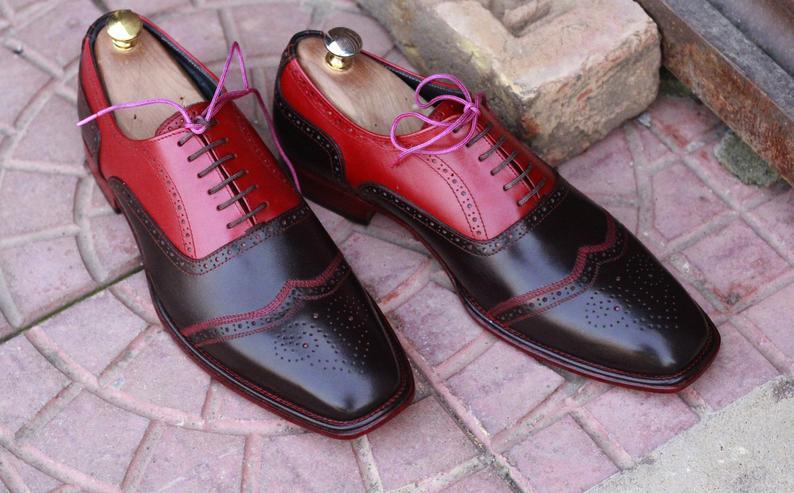 Handmade Men's Red Brown Leather Wing Tip Brogue Shoes