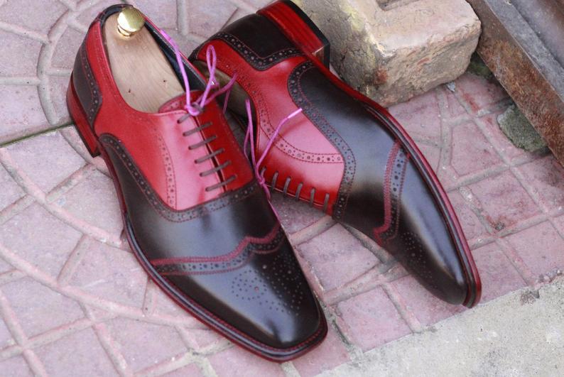 Handmade Men's Red Brown Leather Wing Tip Brogue Shoes