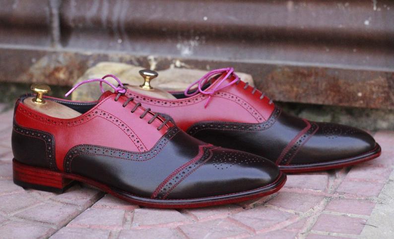 Handmade Men's Red Brown Leather Wing Tip Brogue Shoes