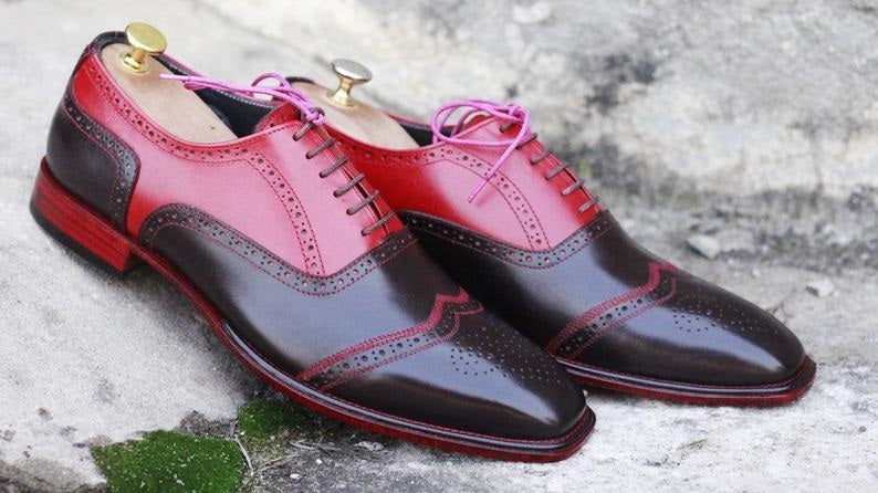 Handmade Men's Red Brown Leather Wing Tip Brogue Shoes