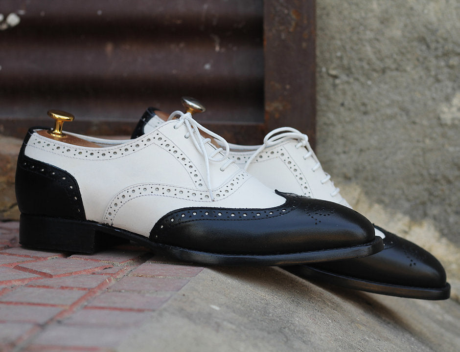 Handmade Men Black White Leather Wing Tip Brogue Shoes, Men Dress Fashion Shoes