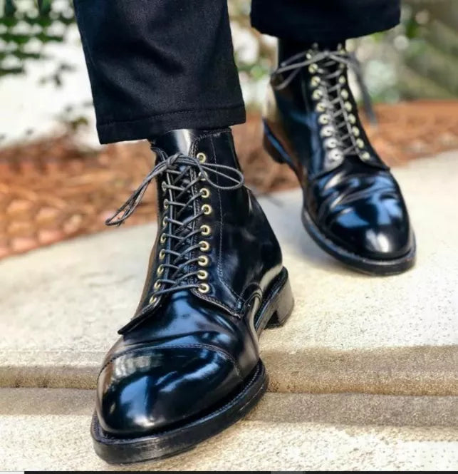 Handmade Black Cap Toe High Ankle Lace Up Hiking Boots For Mens, Traveling Boots