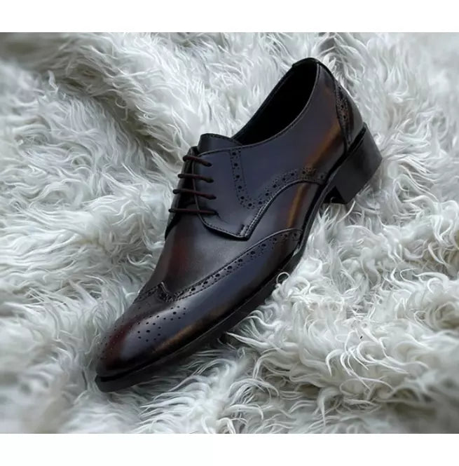 Shaded Black Leather Wing Tip Brogue Formal Lace Up Dress Shoes For Mens