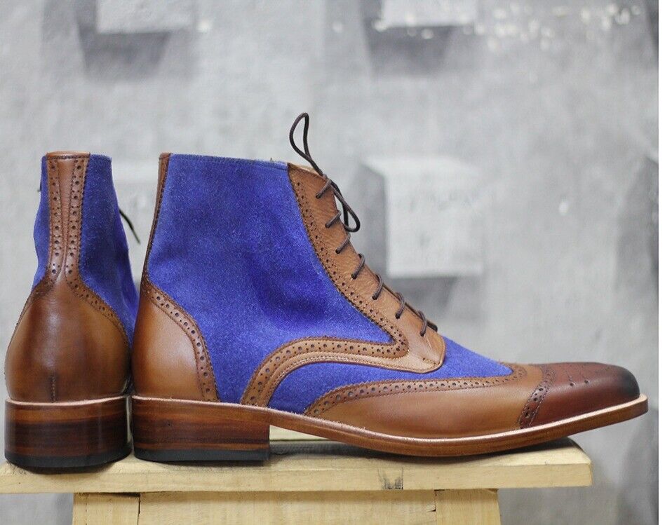 Handmade Leather & Suede boots for men, Men's Brown & Blue ankle high boots