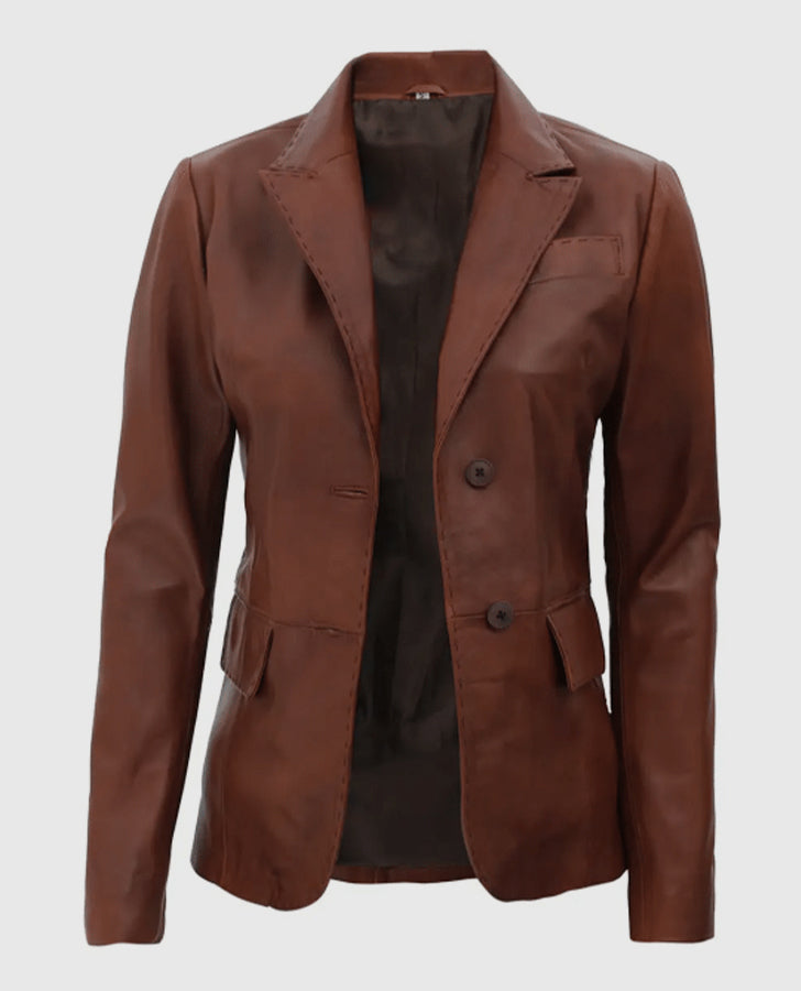 Women's Brown Two Button Leather Blazer Jacket