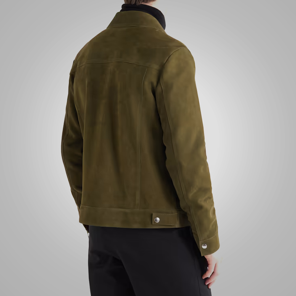 Men Olive Green Lambskin Leather Trucker Jacket