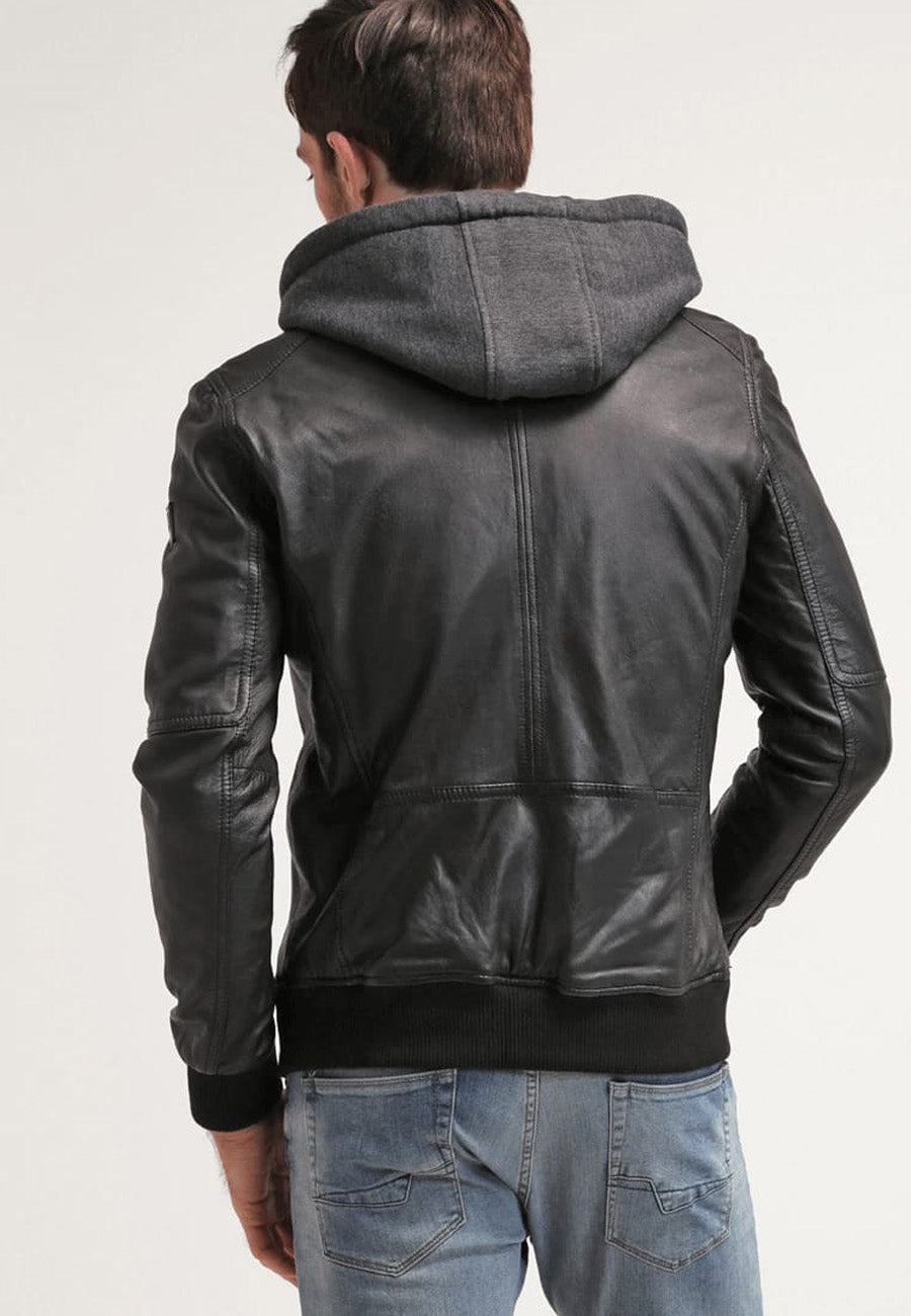 Stylish Men's Black Leather Hooded Bomber Jacket