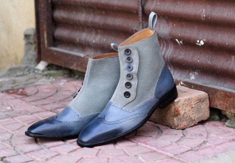 Men's Handmade Gray Leather Suede Button Boots, Men Fashion Ankle High Boots