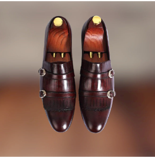 Handmade Men Brown Leather Double Monk Shoes With Fringes, Western Shoes