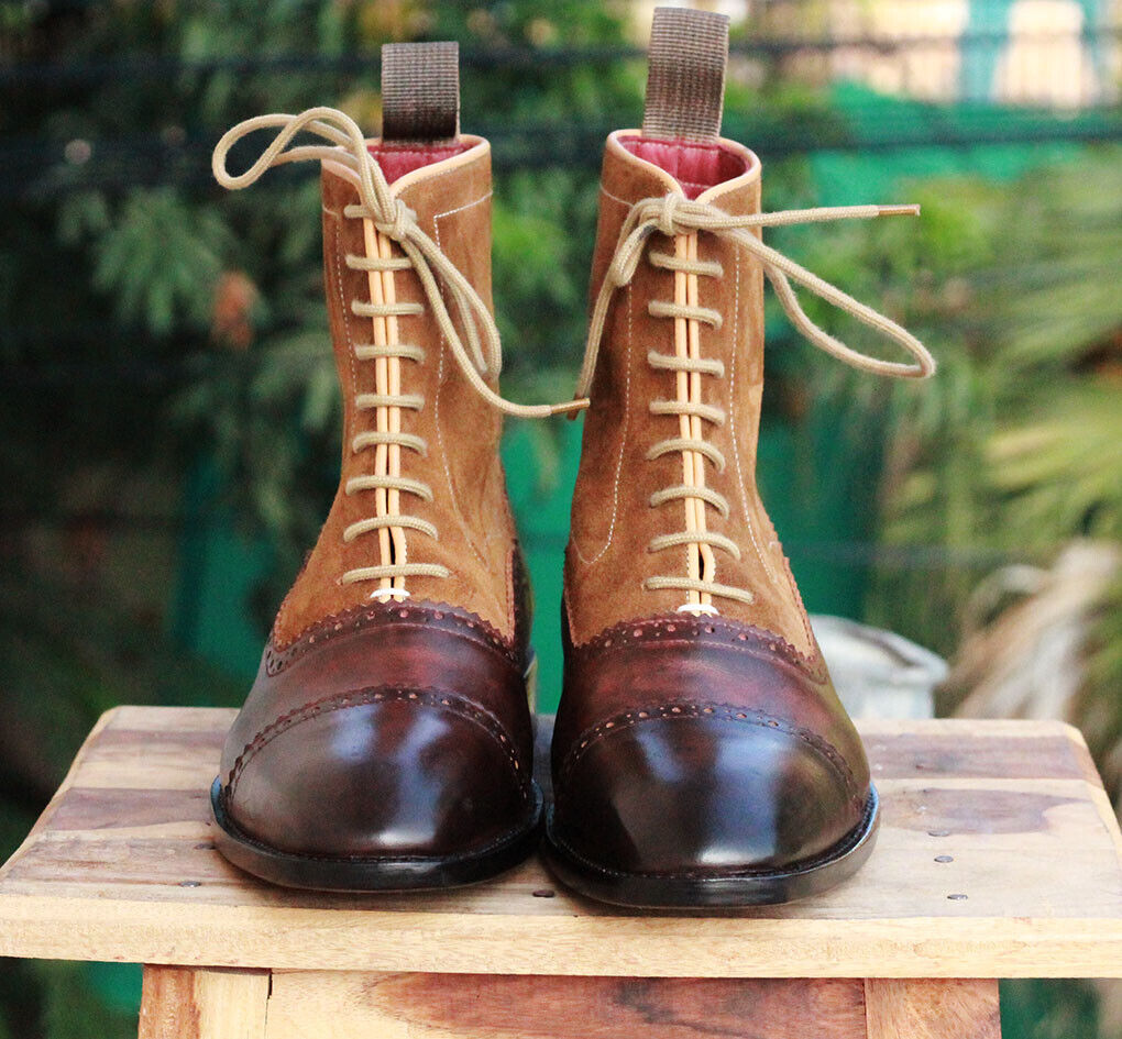 Men's Handmade Brown Leather Suede Boots, Mens Cap Toe Ankle High Fashion Boots