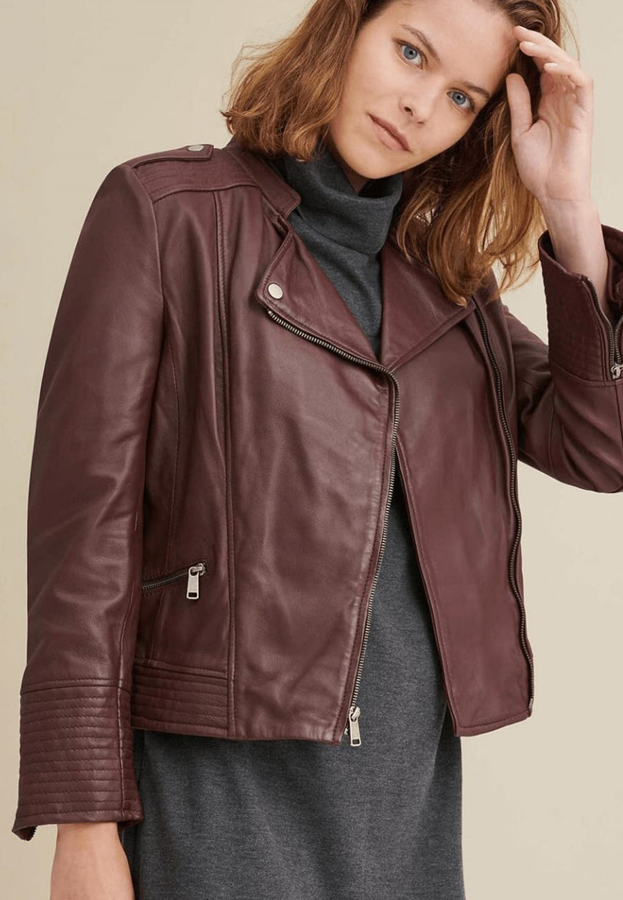 Stylish Women’s Maroon Sheepskin Leather Biker Jacket