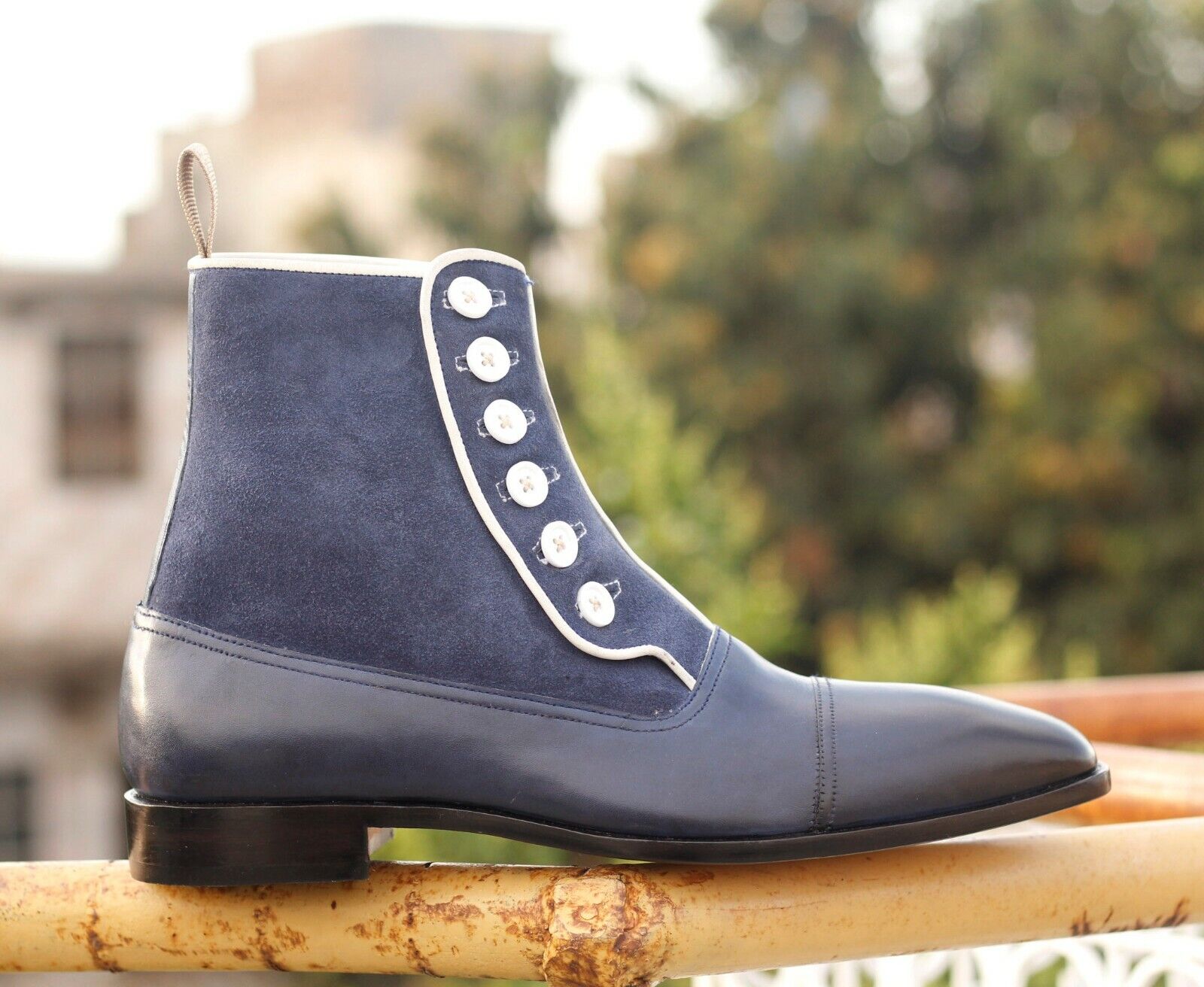 Stylish Handmade Mens Navy Blue Leather Suede Cap Toe Button Fashion Dress Boots