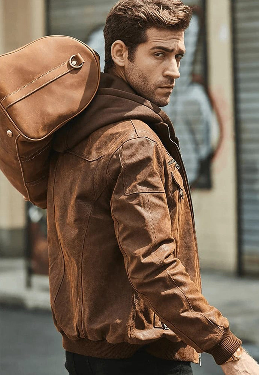 Stylish Men's Brown Leather Bomber Jacket with Removable Hood