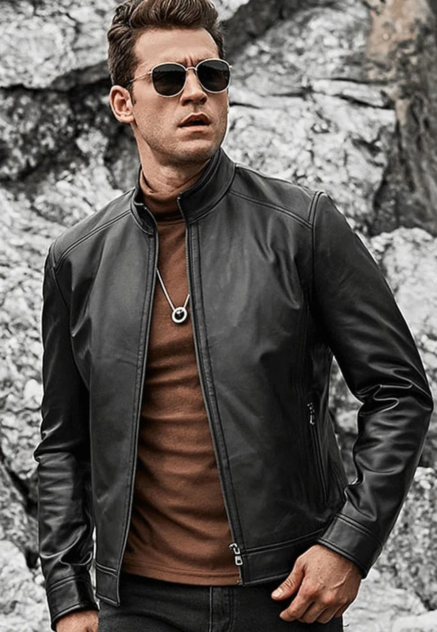 Men's Black Leather Jacket Ban Collar