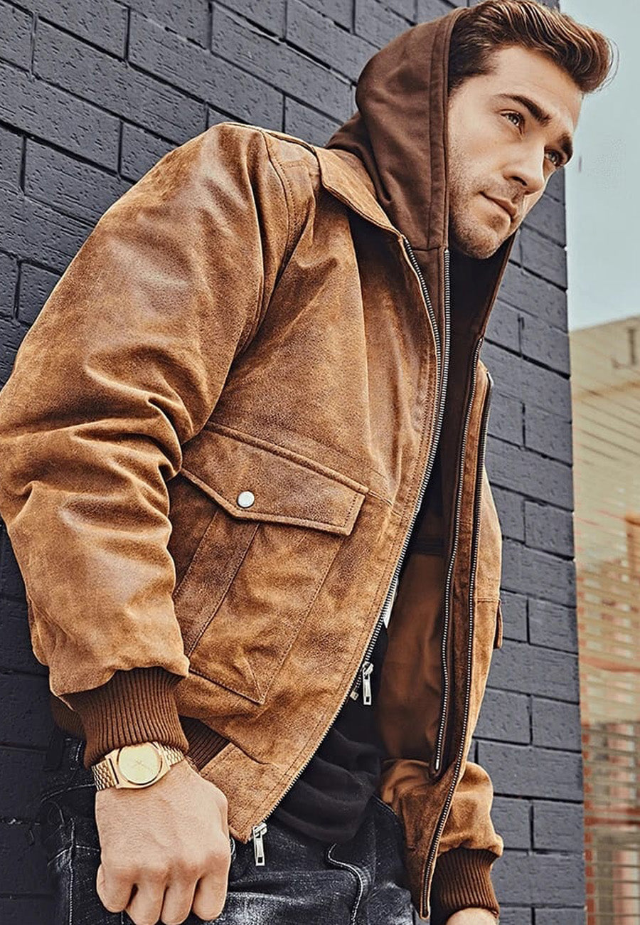 Stylish Men's Tan Brown Distressed Leather Bomber Jacket with Removable Hood