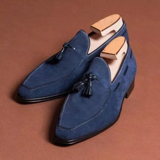 Handmade Navy Blue Suede Formal Tassels Moccasins Business Shoes For Mens