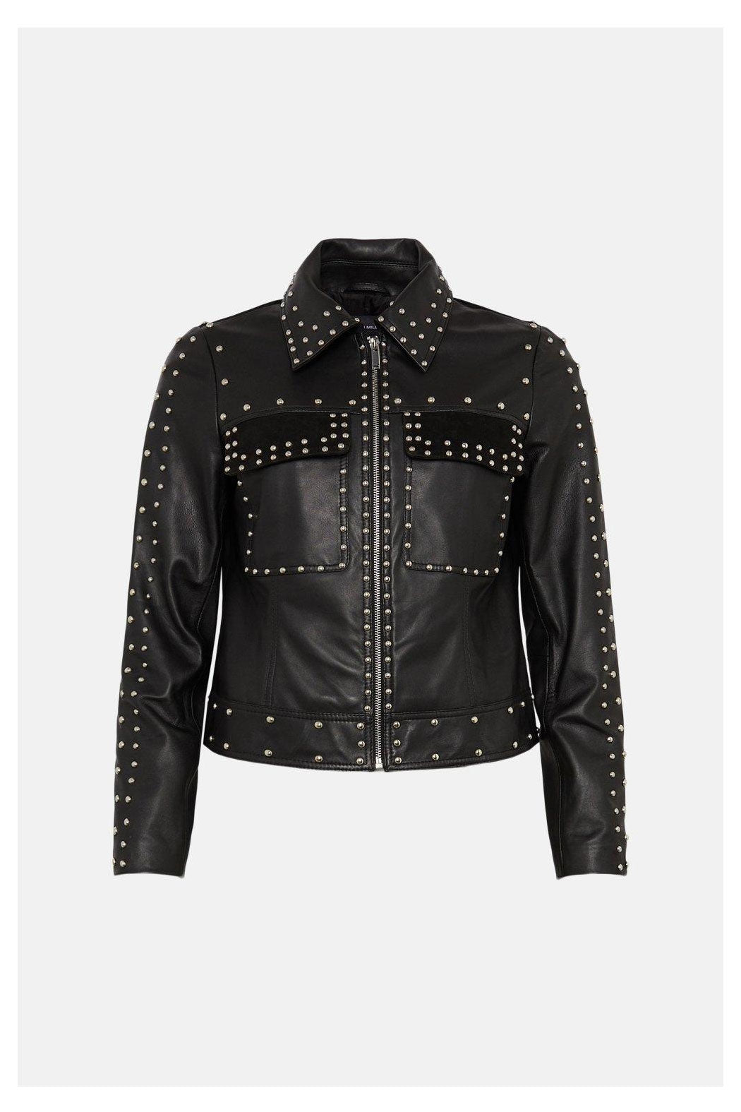 Women Black style Silver Spiked Studded Leather Biker Jacket