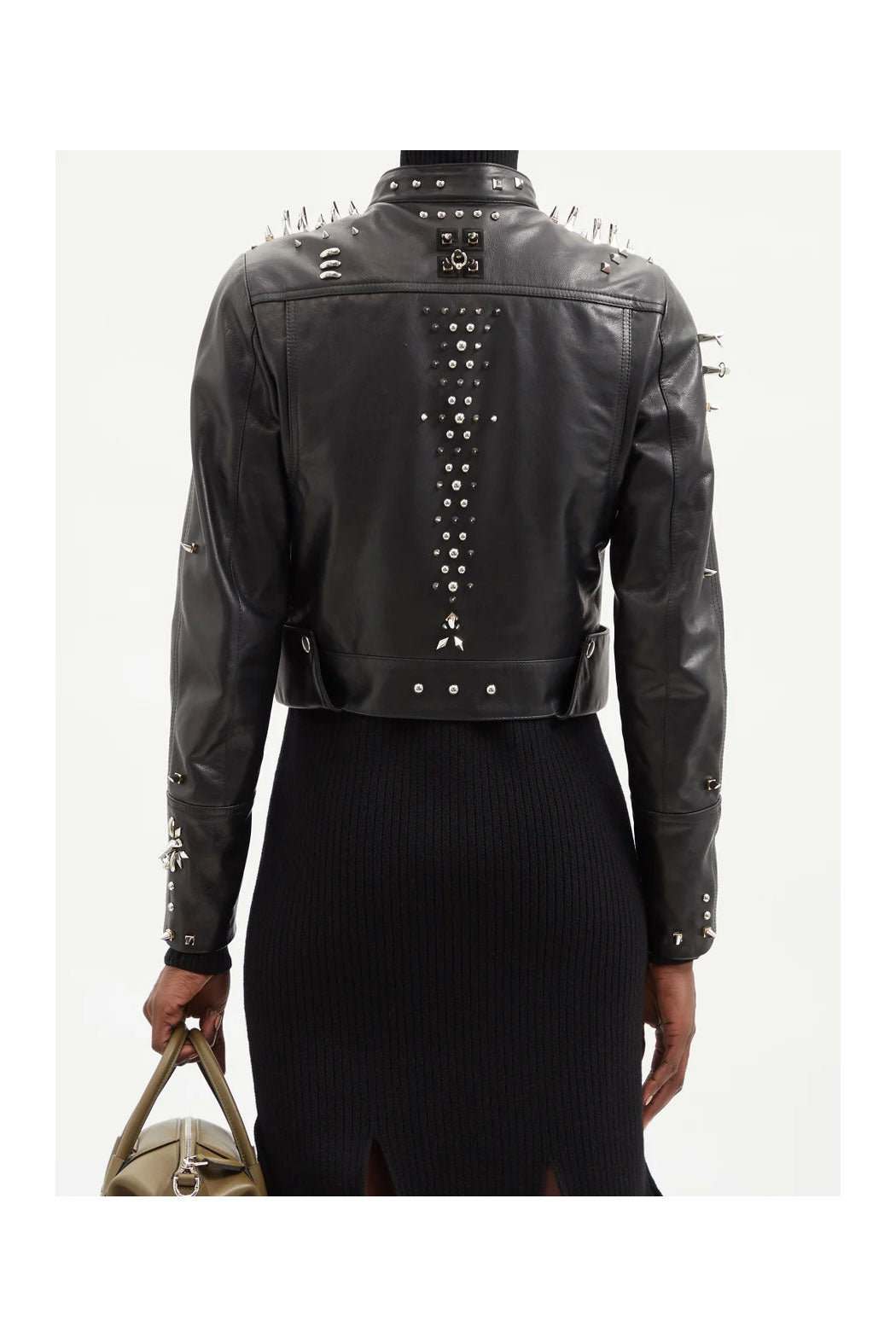 Black Women style Silver Long Spiked Studded Motorcycle Leather Jacket