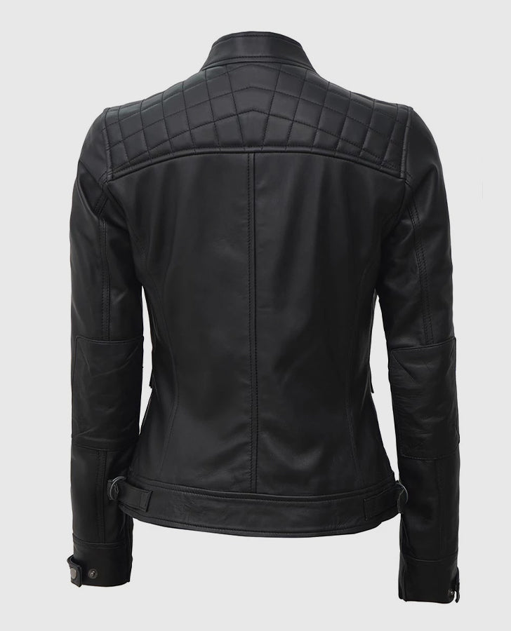 Women's Black Quilted Cafe Racer Leather Jacket