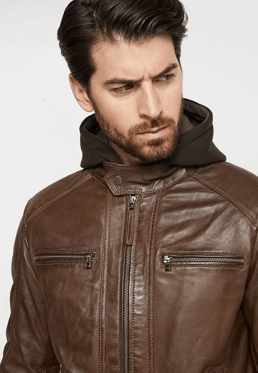 Men's Chocolate Brown Leather Jacket Removable Hood