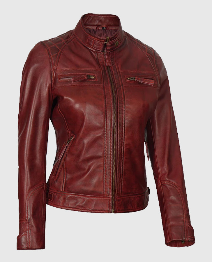 Johnson Women's Brown Quilted Cafe Racer Genuine Leather Jacket
