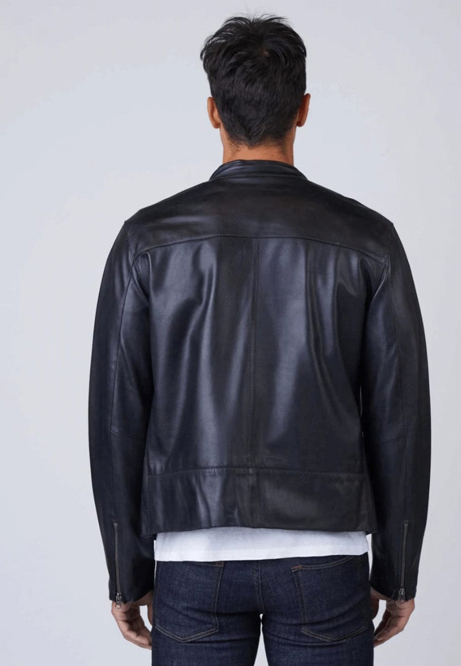 Men's Black Leather Jacket with Crew Neck