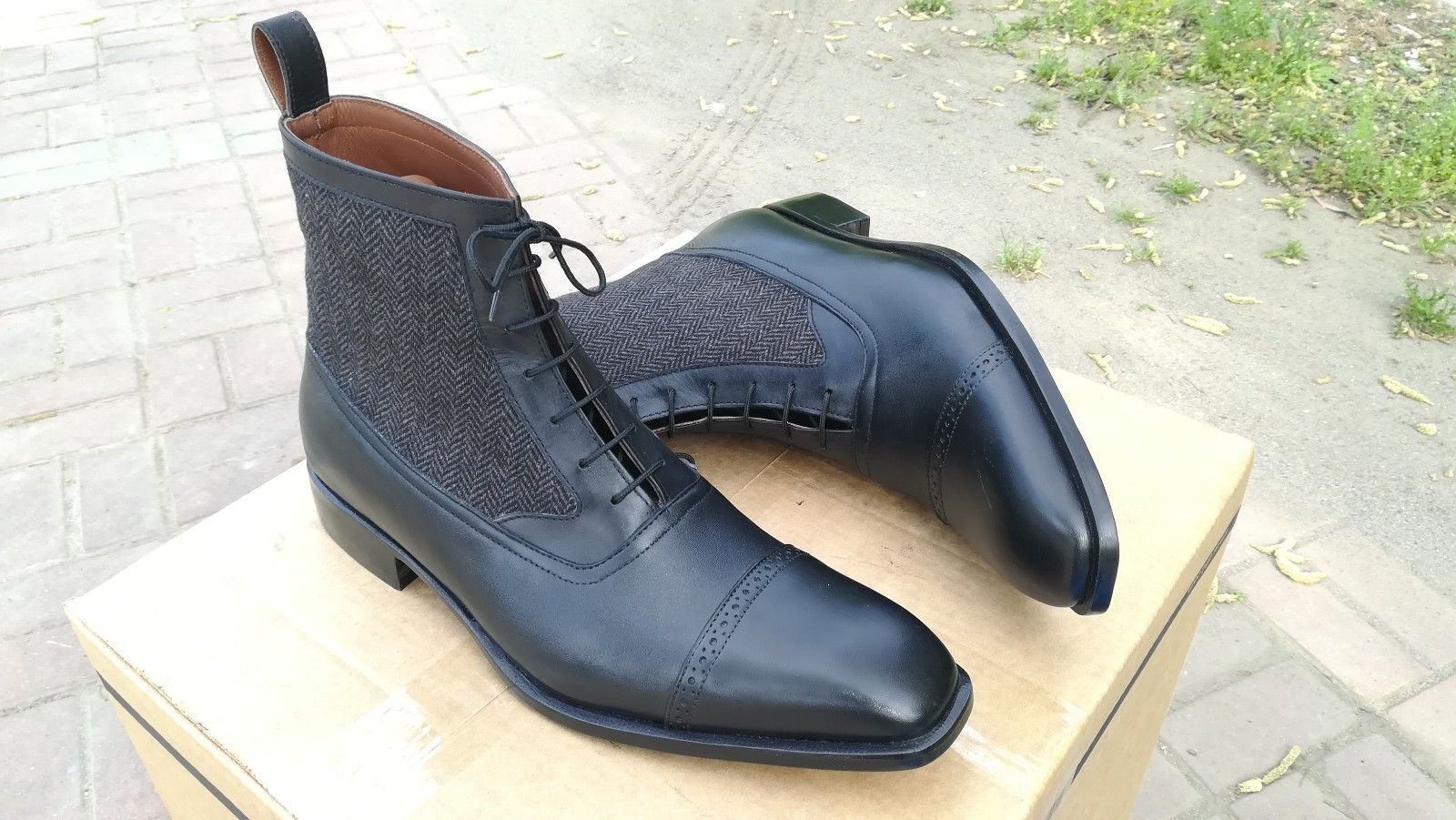 Handmade men black leather boots, tweed fabric boots for men, ankle dress boots