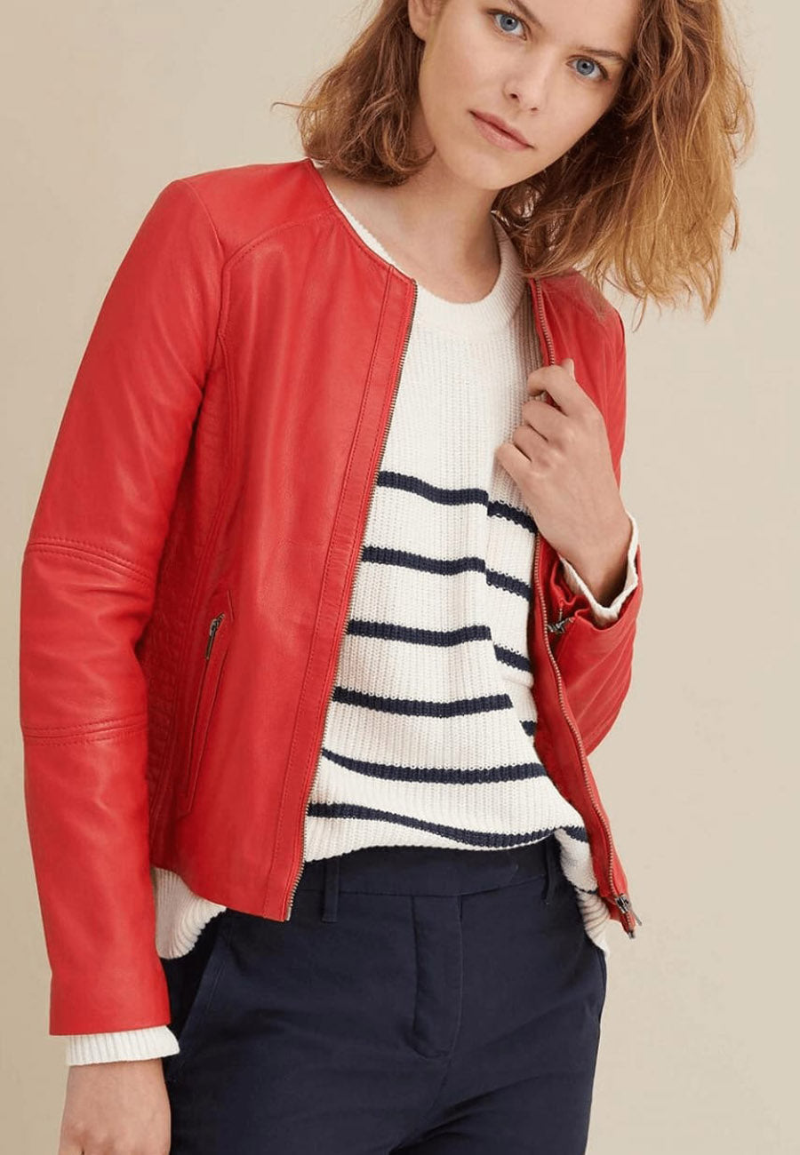 Women's Red Leather Crew Neck Jacket