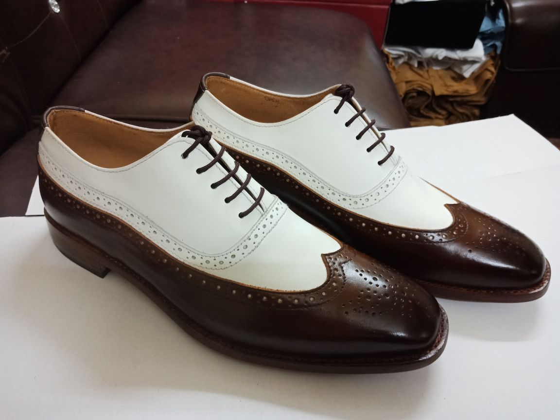 Wing Tip White Brown Premium Leather Oxford PartyWear Lace Up Handmade Men Shoes