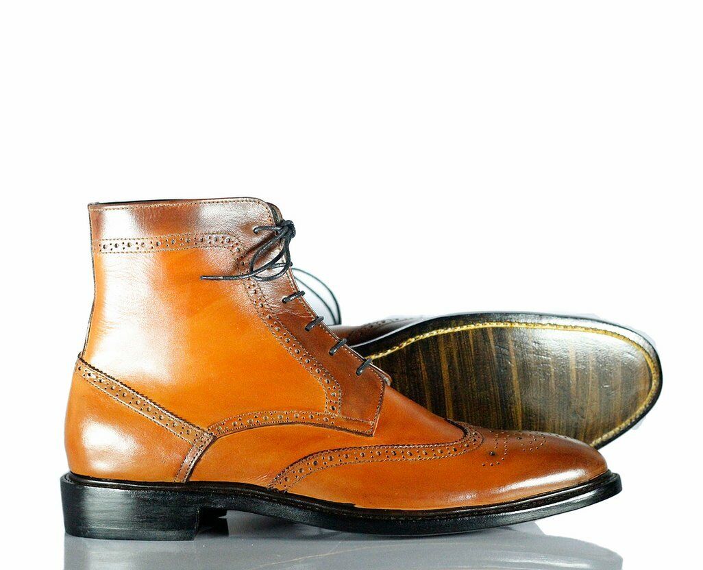 Handmade Men's Tan Brown Leather Wing Tip Brogue Lace Up Boots, Men Ankle Boots