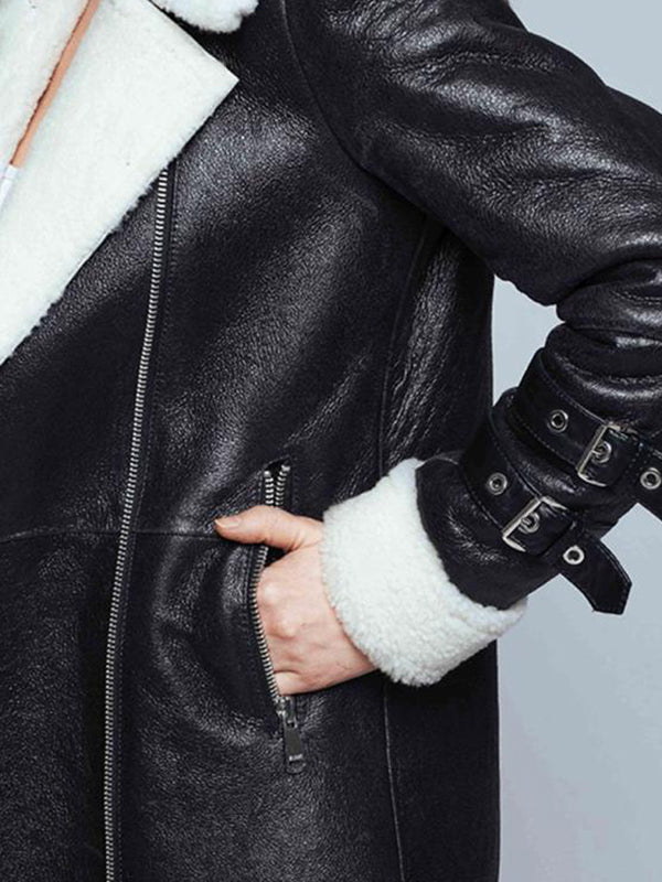 Women’s Black Leather White Shearling Long Coat