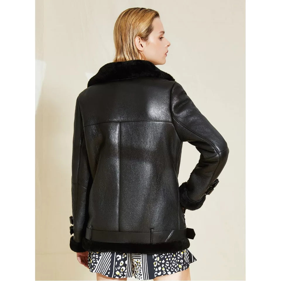 Women’s Black Leather Shearling Long Coat