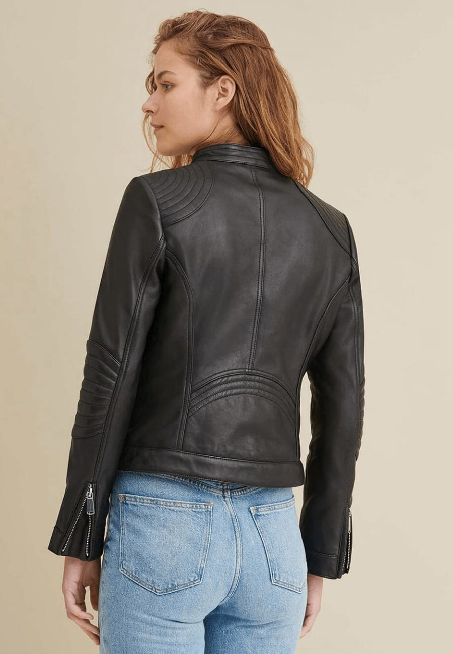 Women's Classic Black Sheepskin Leather Biker Jacket