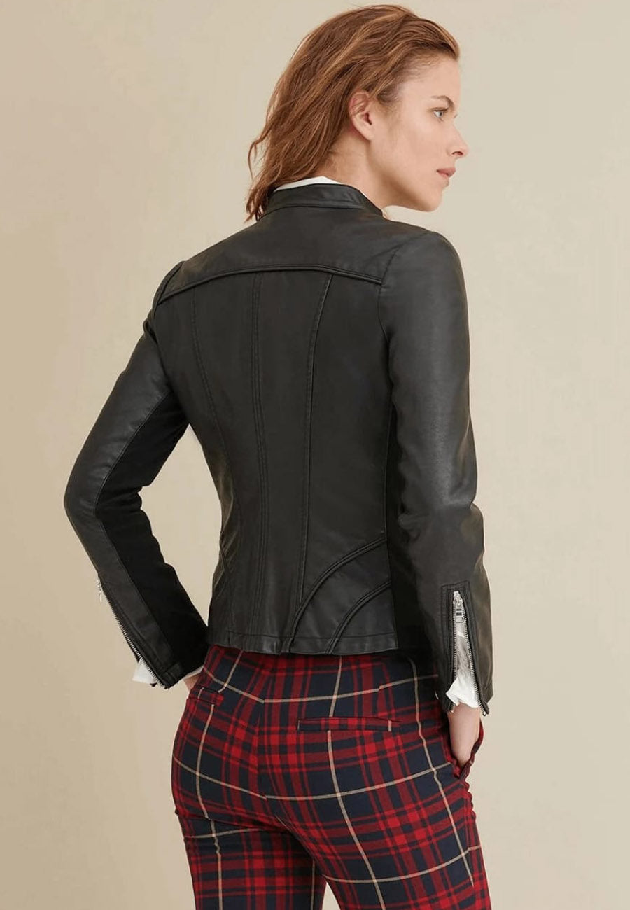 Women's Classic Black Sheepskin Leather Biker Jacket