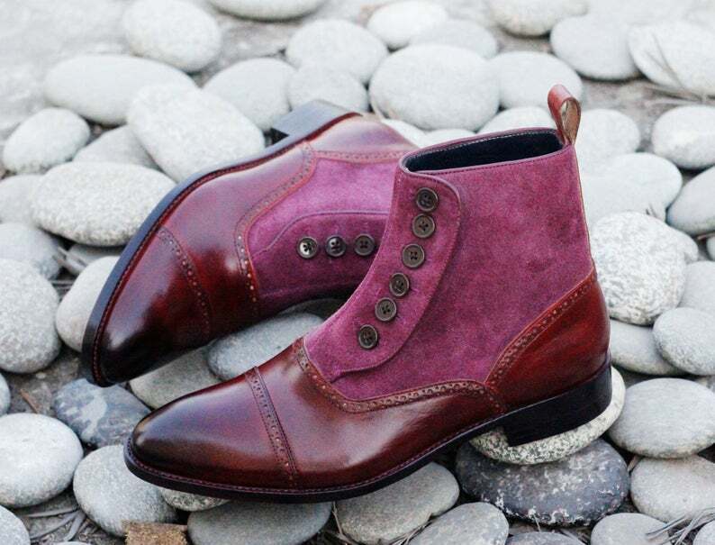 Men's Handmade Burgundy Leather & Suede Cap Toe Button Ankle Fashion Boots