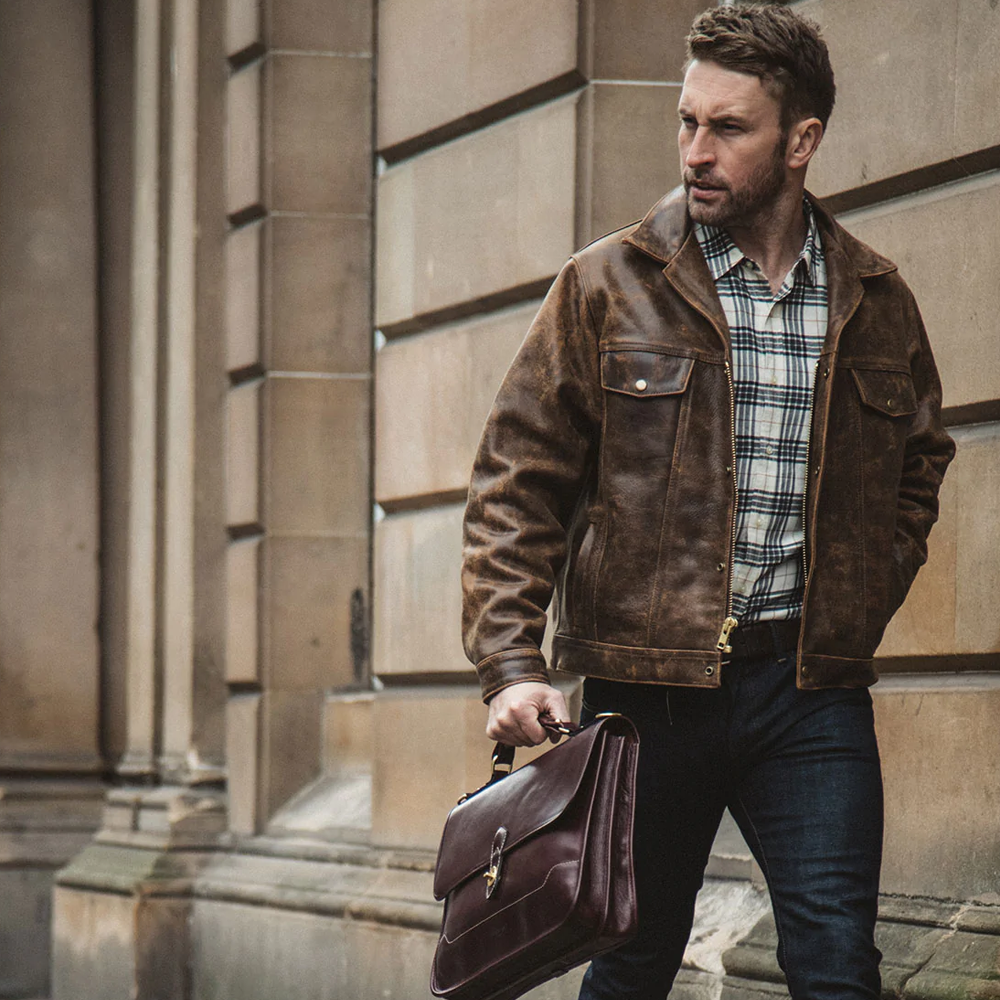 Mens brown Distressed Real Leather Four Pocket Leather Jacket