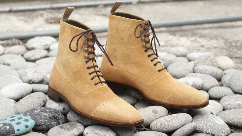 Men's Beige Suede Handmade Cap Toe Designer Boots, Men Fashion Ankle Boots