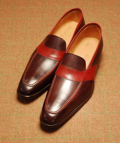 Handmade Men's Maroon Shoes, Men's Leather Loafer Slip On Moccasins Shoes