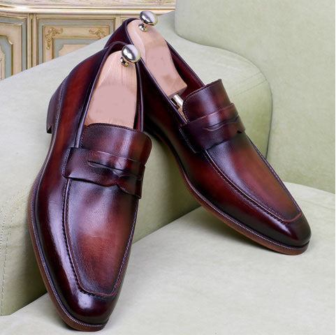 Handmade Men's Maroon Shoes, Men's Leather Loafer Slip On Moccasins Shoes