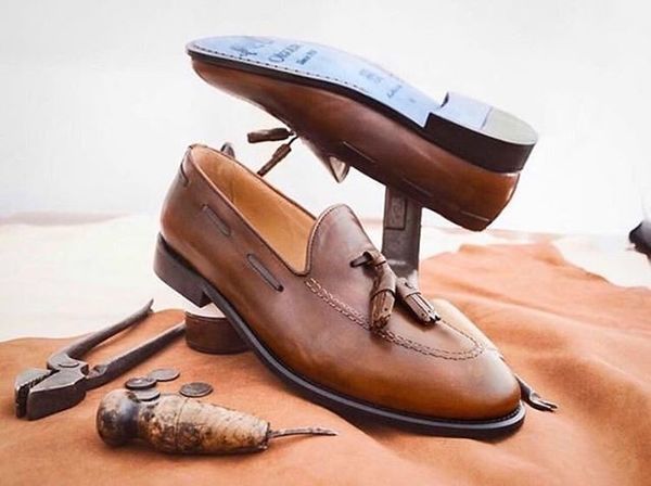 handmade cowhide leather shoes, Men Brown Loafers