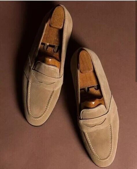 Handmade Mens beige suede moccasins, Men formal shoes, mens penny loafer